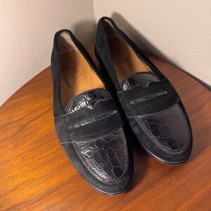 Santoni Croc Embossed Leather and Suede Loafers Size 9.5
